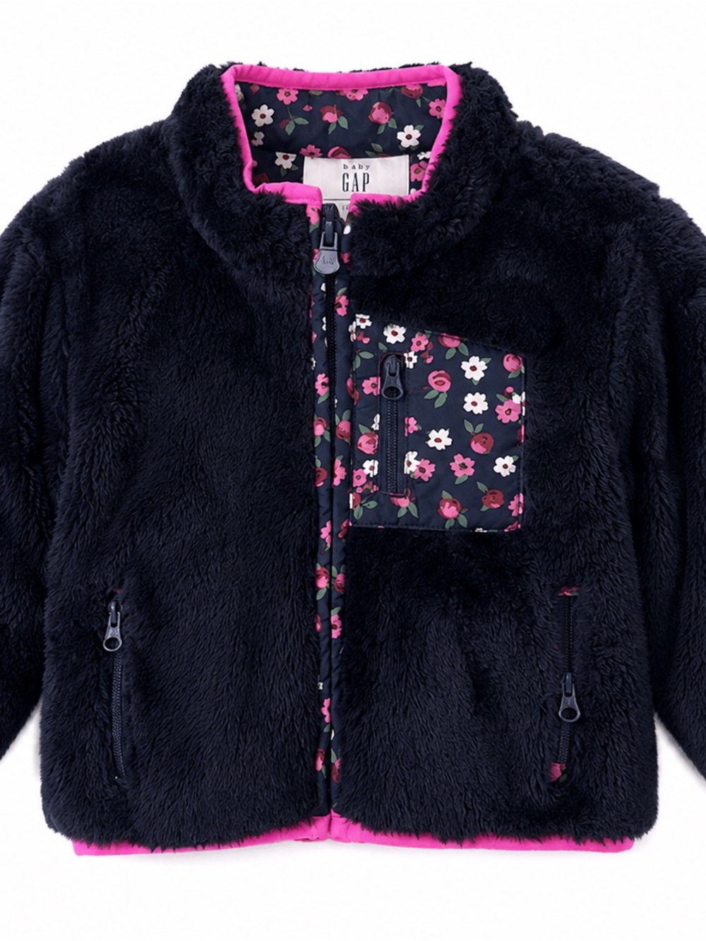 GAP Navy Fuzzy Jacket with Pink Floral Trim